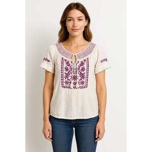 Style and Co Small Embroidered Cotton Peasant Top Ivory Purple